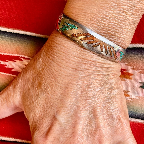 Vintage silver inlay cuff, small - Picture 1 of 7